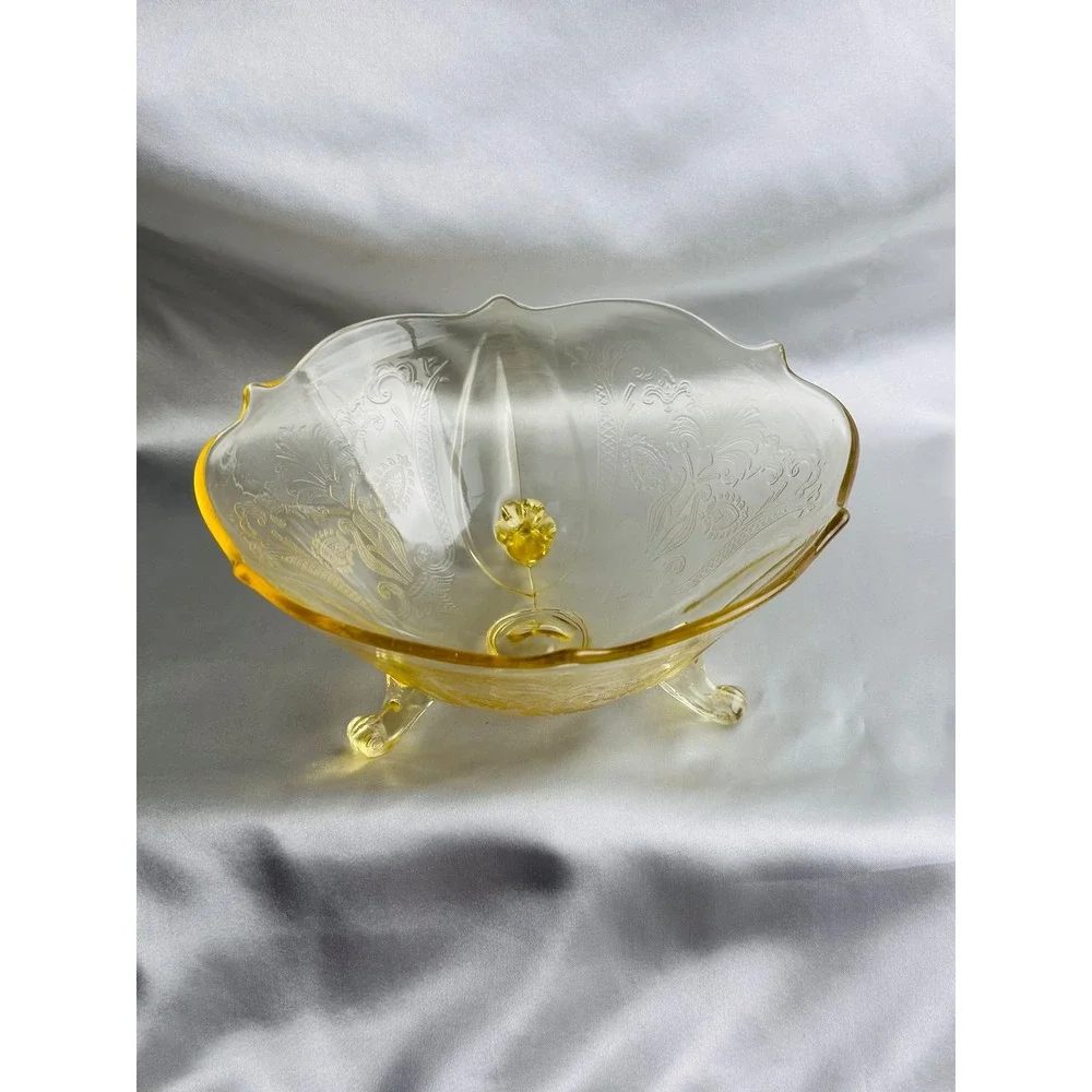 Lancaster Landrum Topaz Yellow Etched Glass 3 Footed Bowl Scalloped 8.5